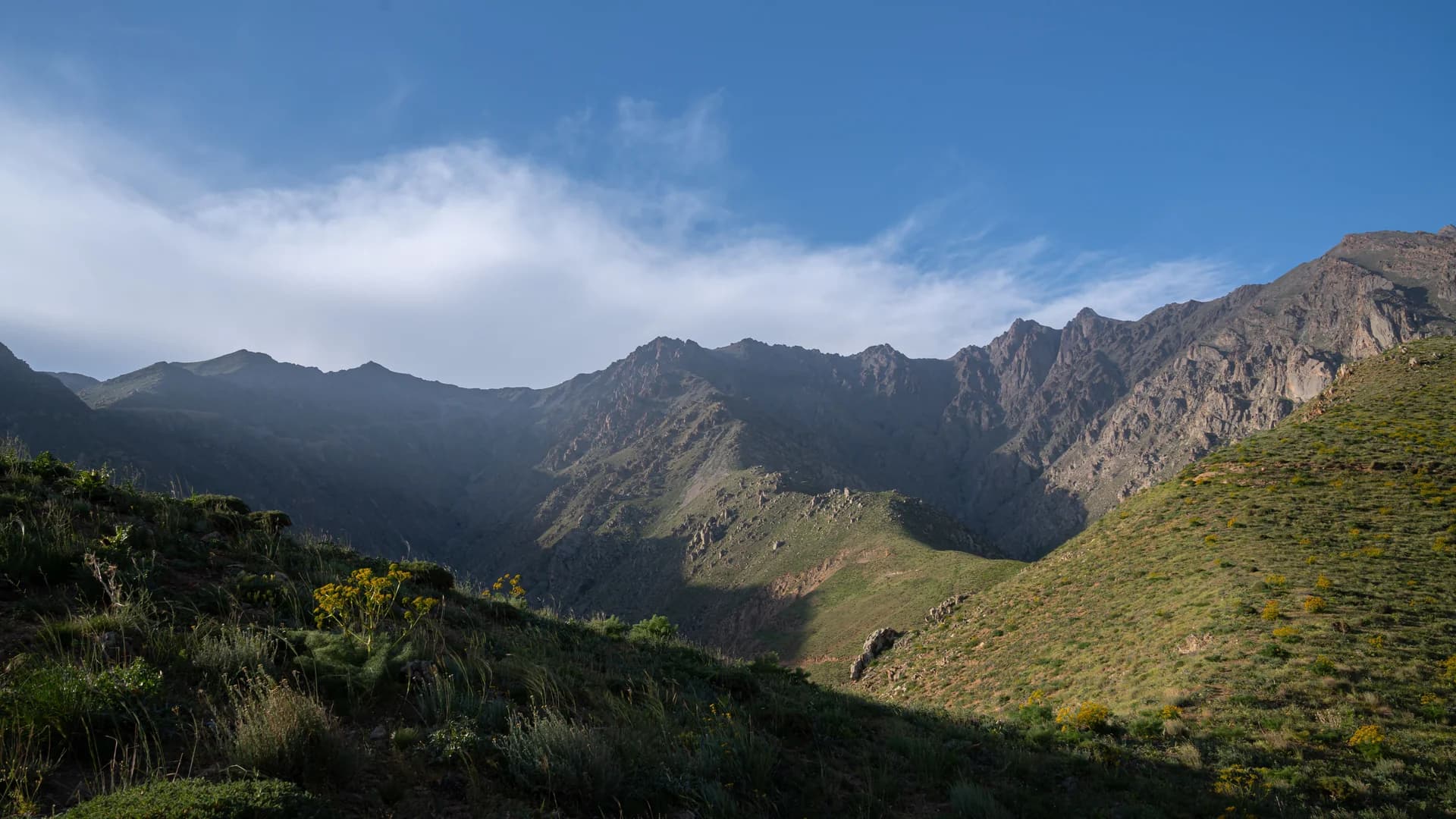 Végétation verdoyante et sommets escarpés dans la vallée d'Imlil